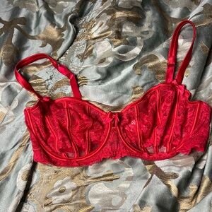 38DD Bras n things red floral lace silk Balconette bra
